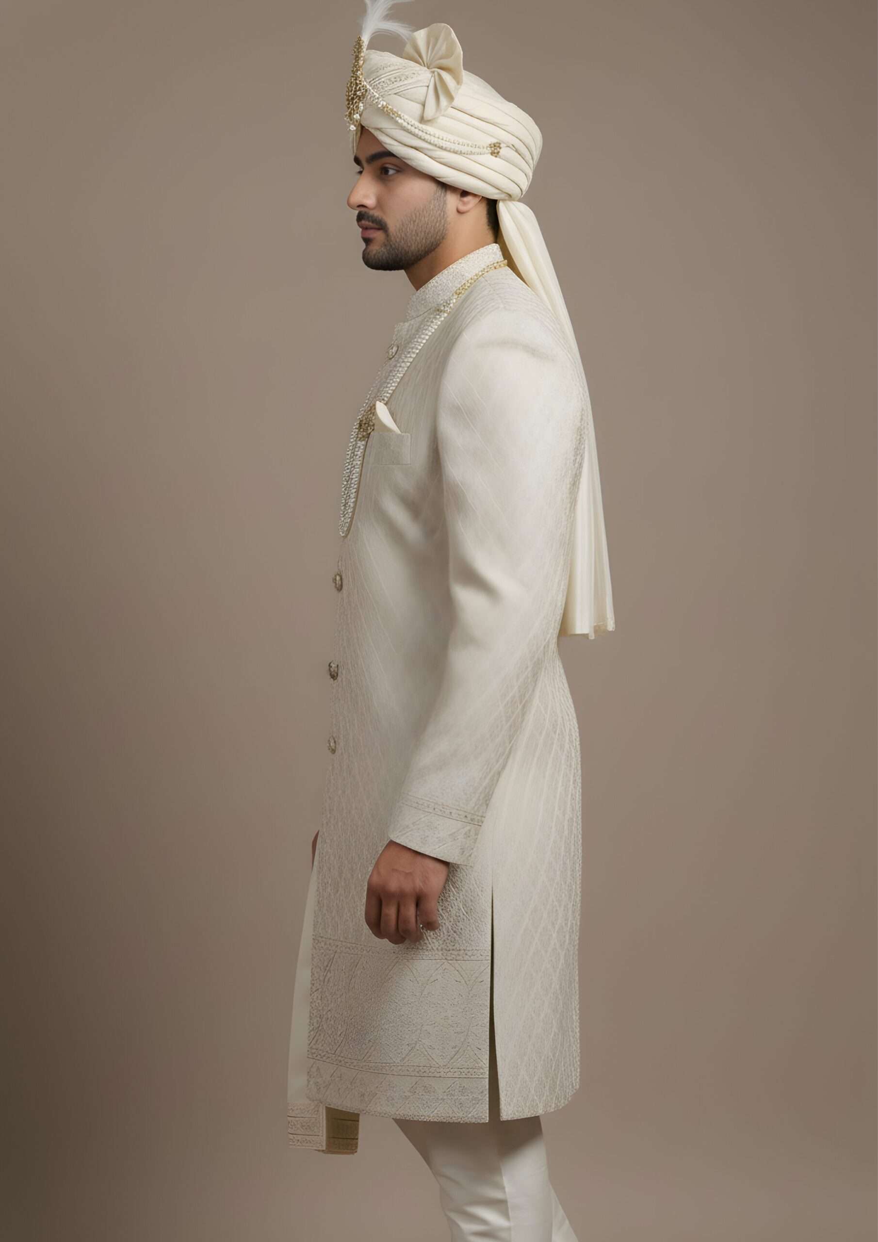 Exquisite Beige-Gold Geometric Pattern Sherwani Set - Image 4