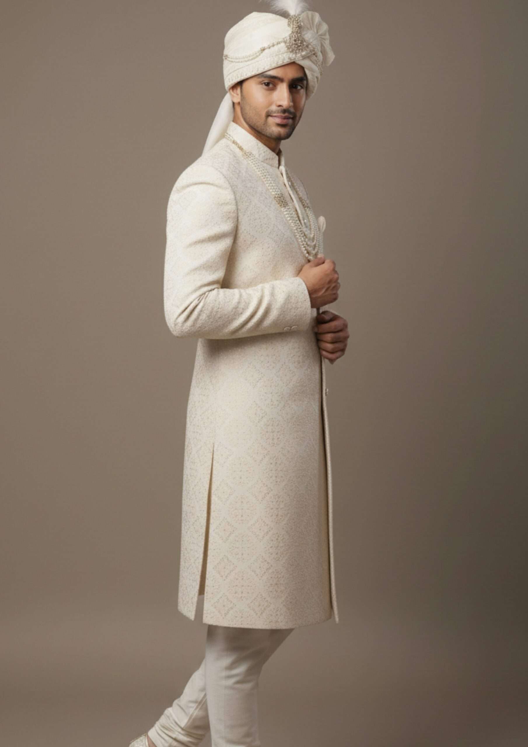 Exquisite Champagne Gold Diamond-Pattern Sherwani Set - Image 3