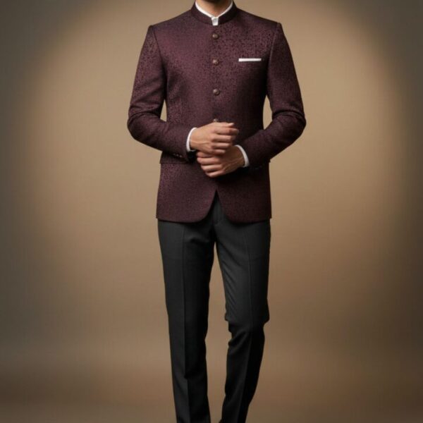 Wine Red Patterned Bandhgala