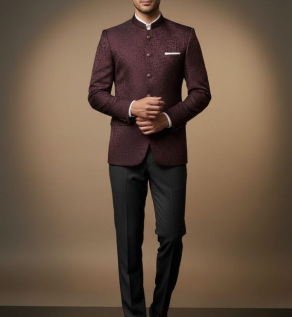 Wine Red Patterned Bandhgala