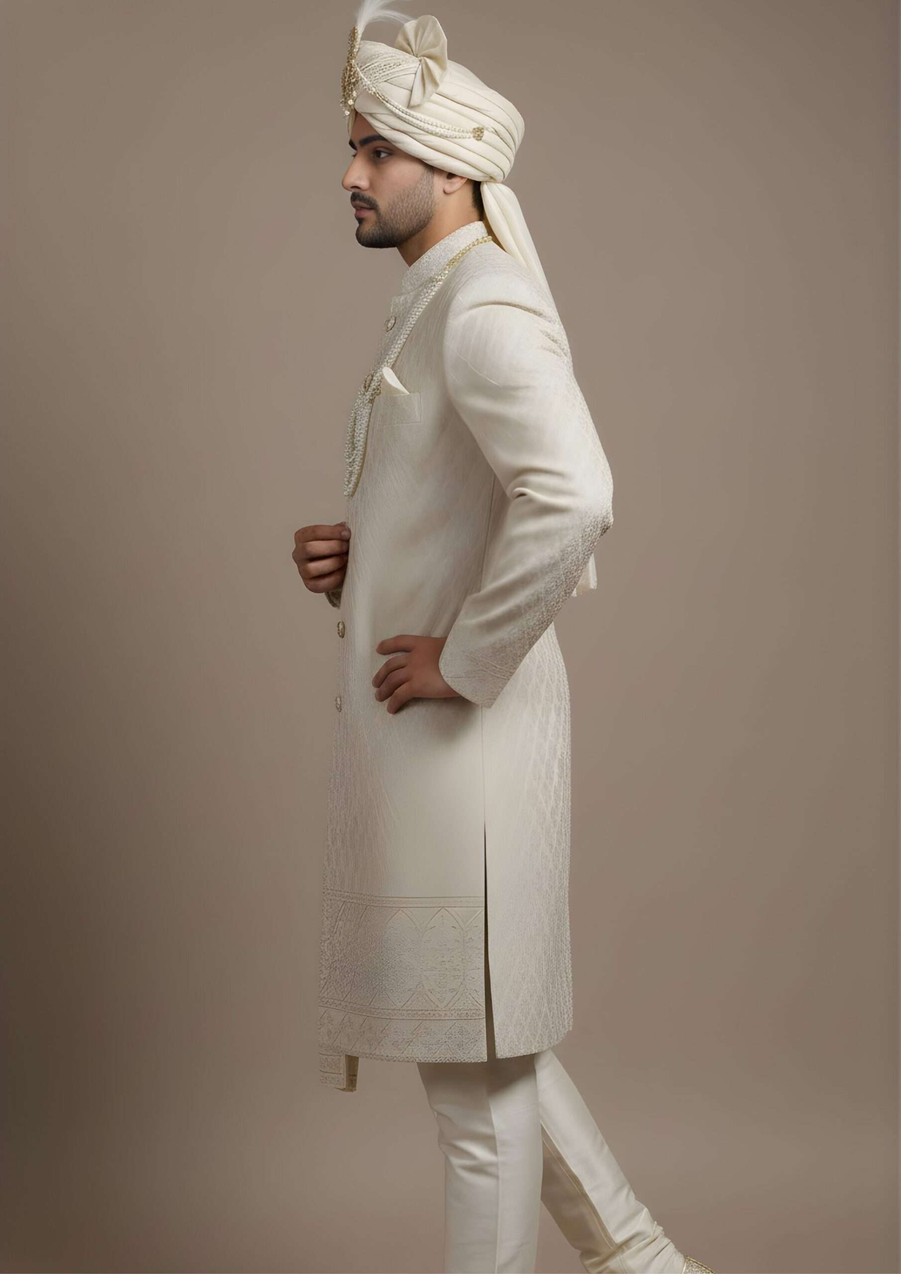 Exquisite Beige-Gold Geometric Pattern Sherwani Set - Image 3