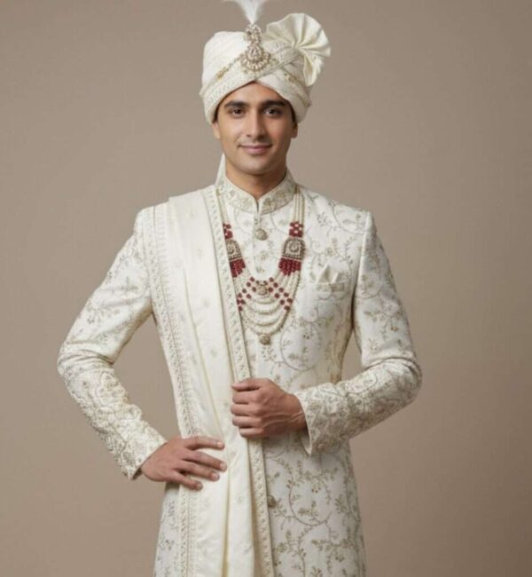 Exquisite Ivory Heritage Sherwani with Elephant Motif Embroidery