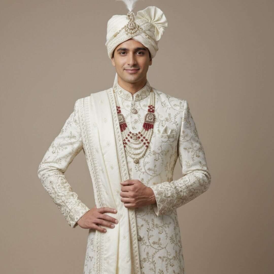 Exquisite Ivory Heritage Sherwani with Elephant Motif Embroidery