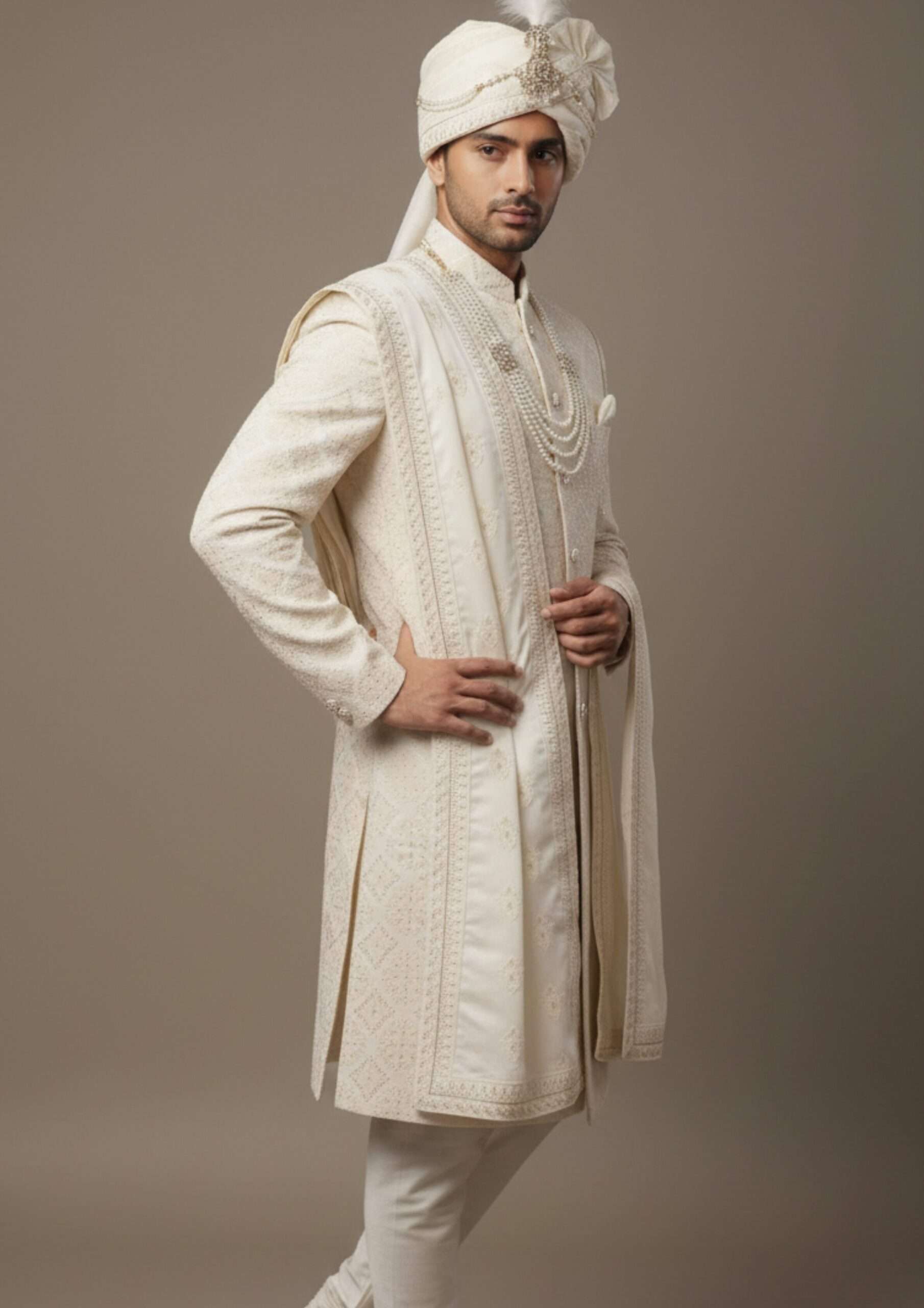 Exquisite Champagne Gold Diamond-Pattern Sherwani Set - Image 4