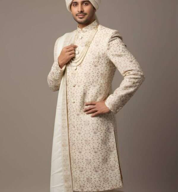 Exquisite Beige Floral-Damask Groom’s Sherwani Set
