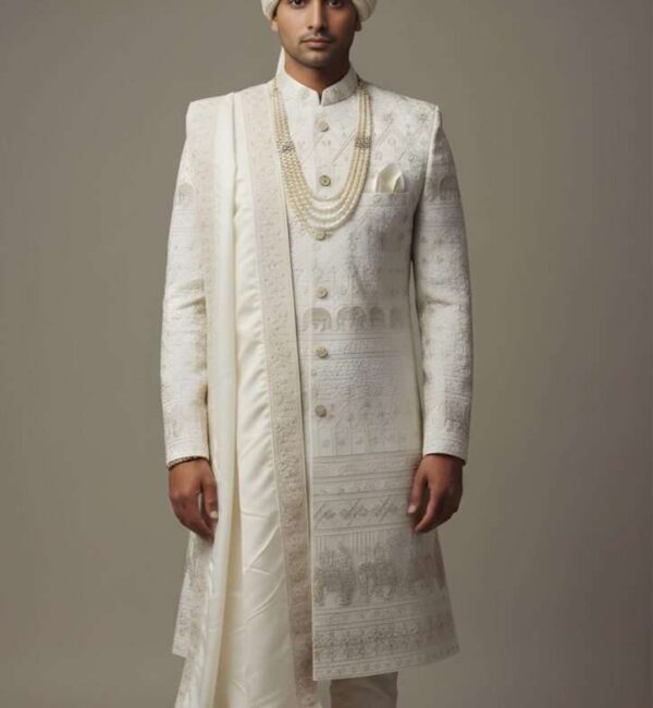 Majestic Ivory Sherwani with Elephant & Floral Heritage Embroidery