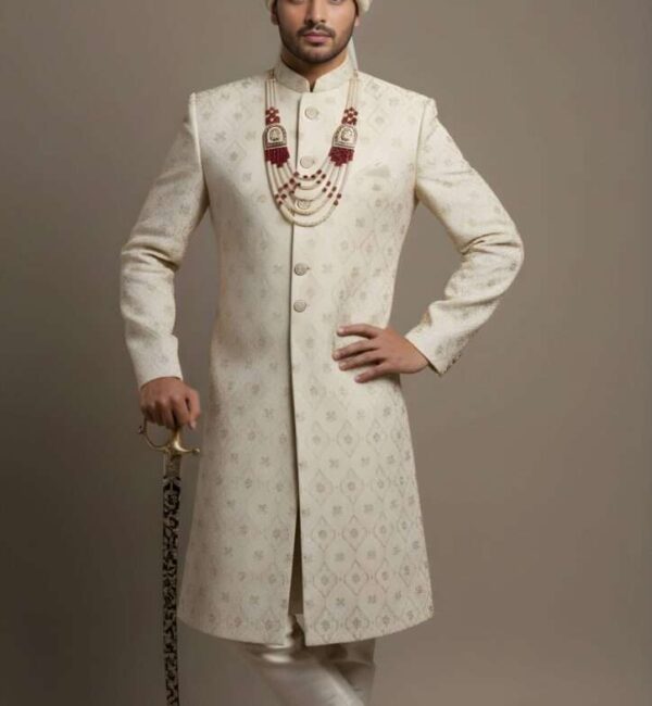 Majestic Ivory Sherwani with Heritage Pattern Embroidery