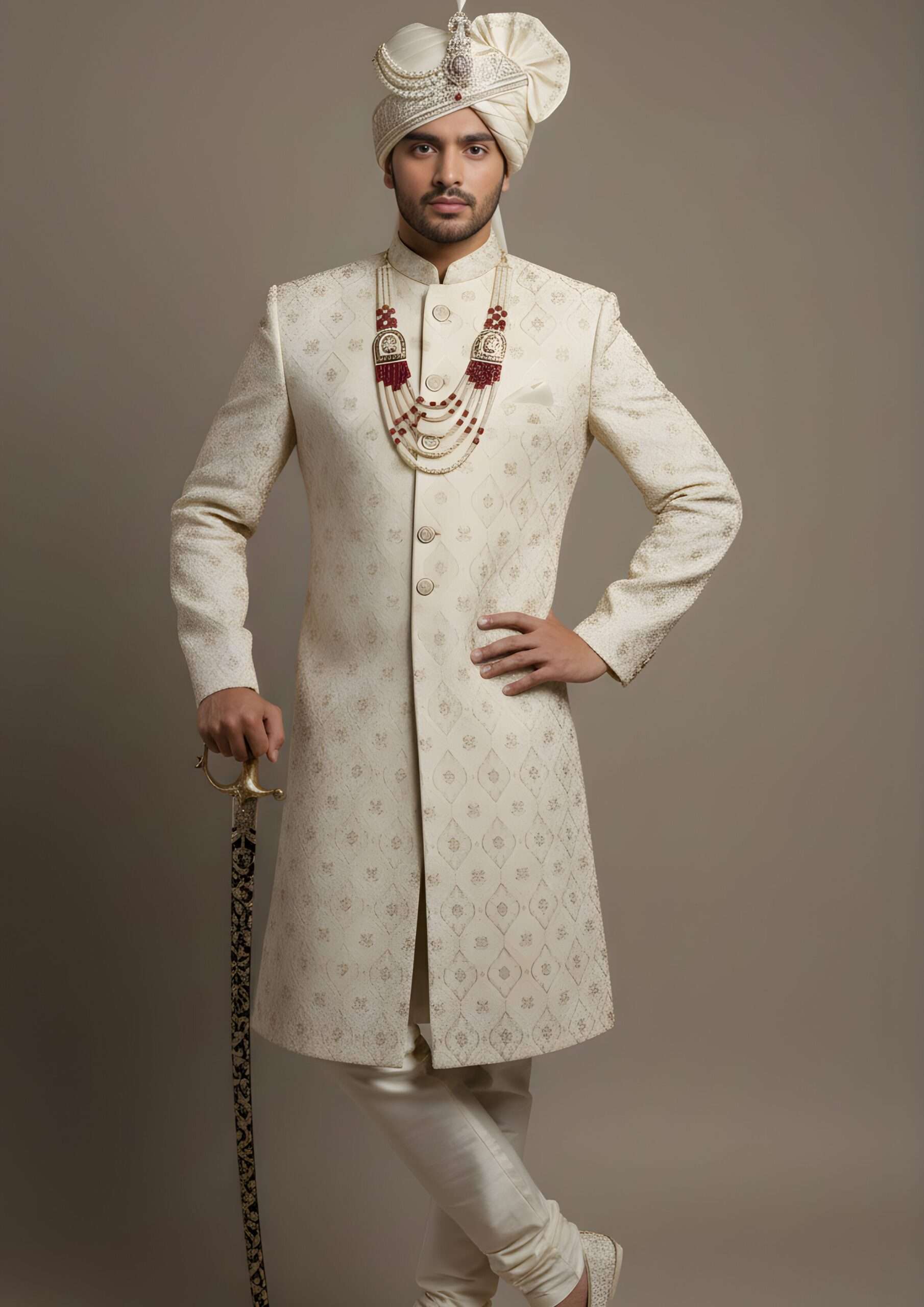Majestic Ivory Sherwani with Heritage Pattern Embroidery - Image 2