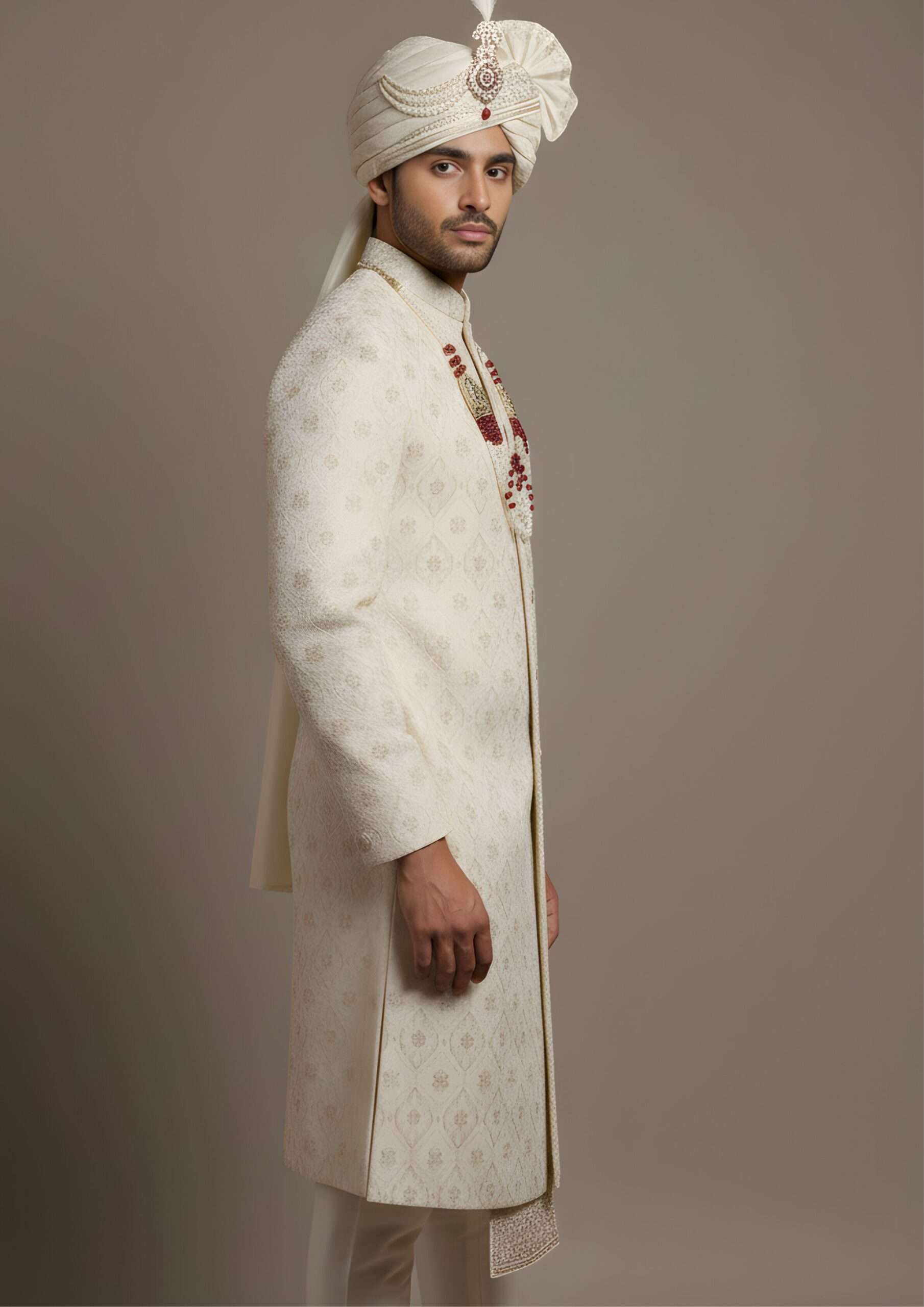 Majestic Ivory Sherwani with Heritage Pattern Embroidery - Image 4