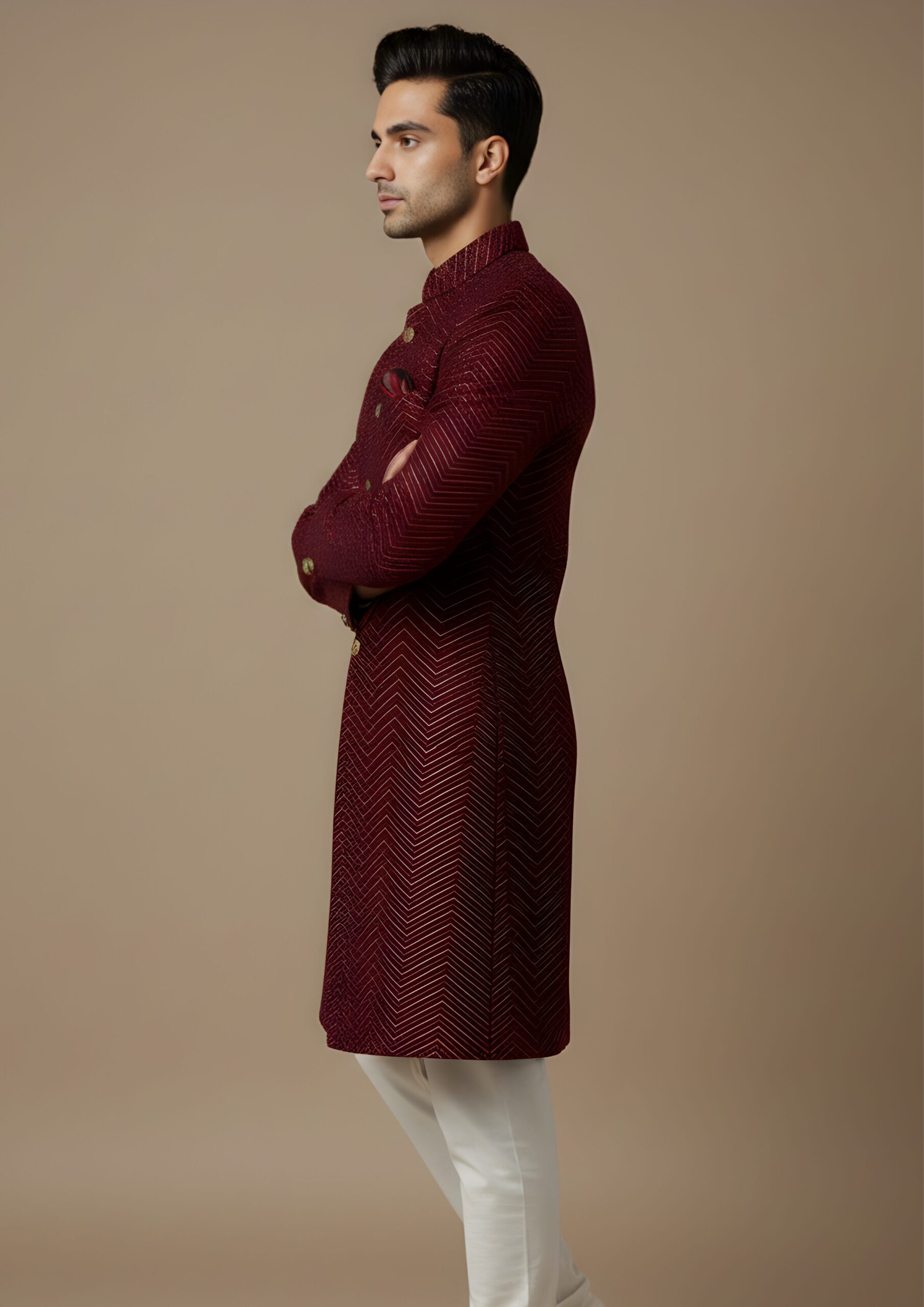 Imperial Maroon Velvet Zig-Zag Design Indo-Western - Image 3