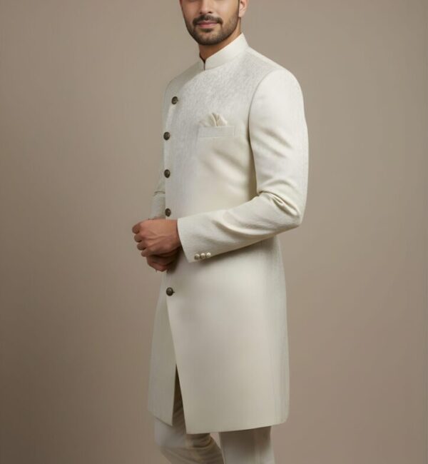 Majestic Ivory Floral-Jacquard Asymmetric Indo-Western