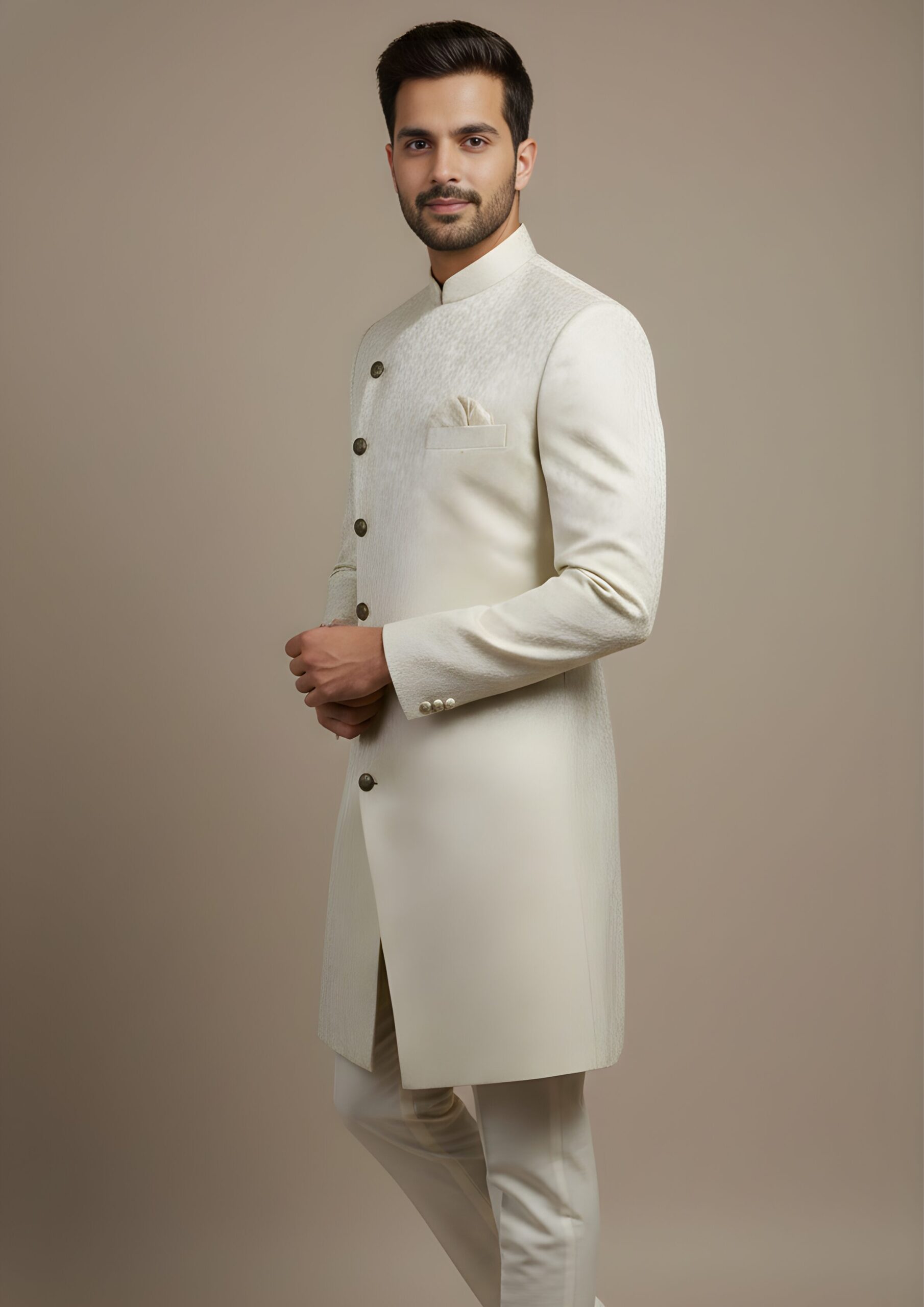 Majestic Ivory Floral-Jacquard Asymmetric Indo-Western - Image 2