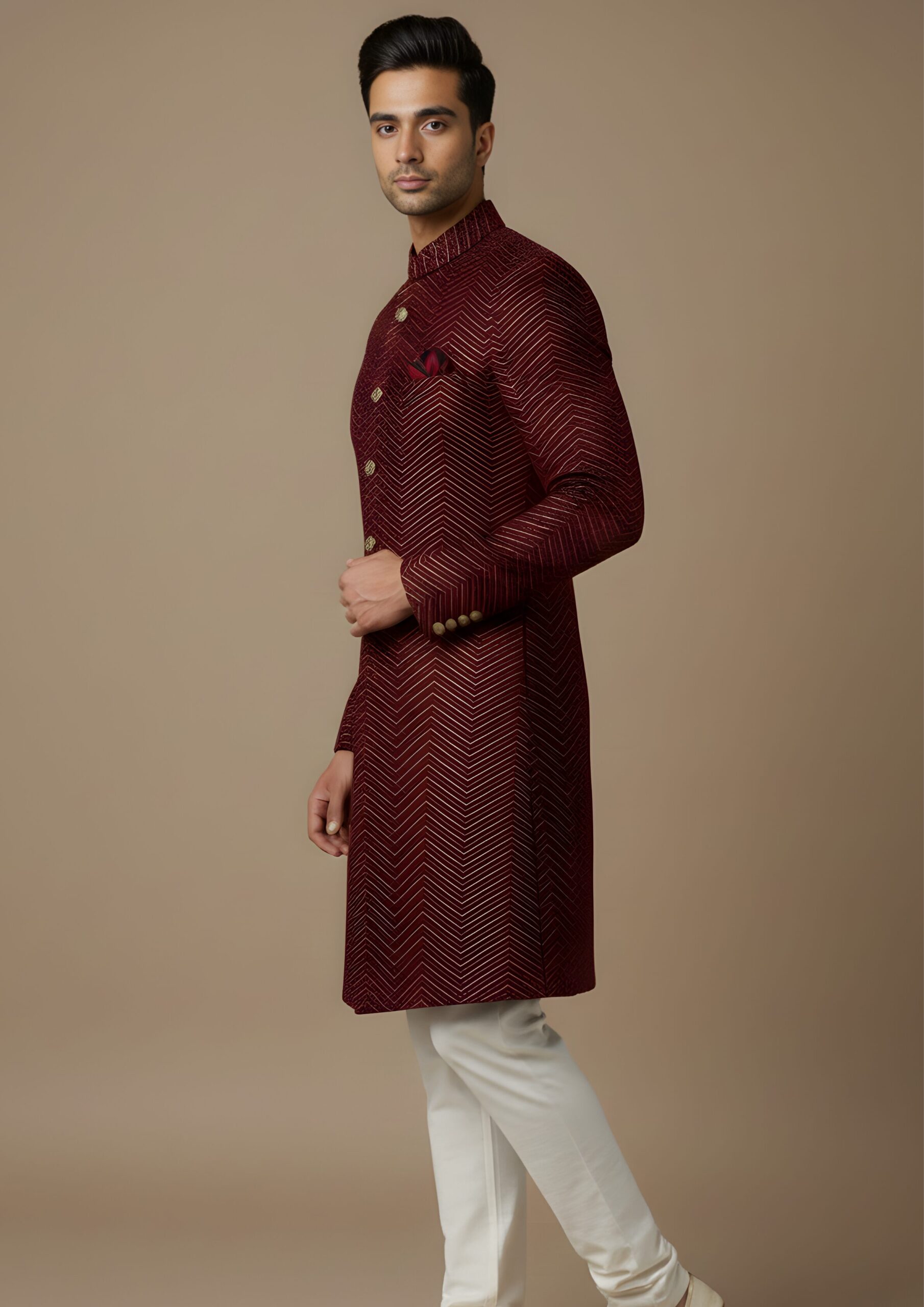 Imperial Maroon Velvet Zig-Zag Design Indo-Western - Image 4