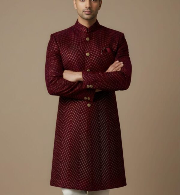 Imperial Maroon Velvet Zig-Zag Design Indo-Western