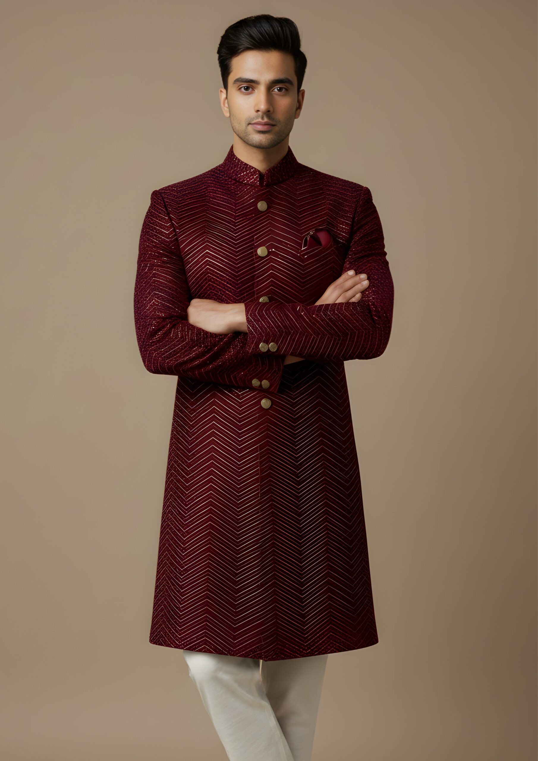 Imperial Maroon Velvet Zig-Zag Design Indo-Western - Image 2