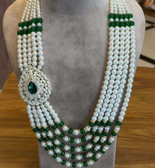 Pearl and Green Emerald-Style Bead Mala with Side Brooch