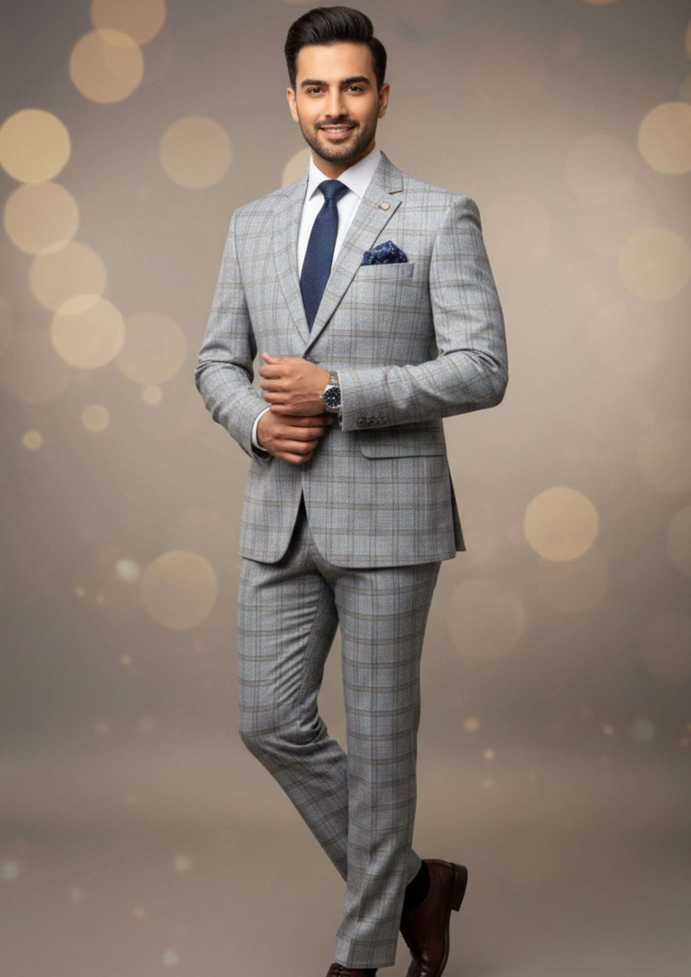Sophisticated Light Grey Plaid Executive Suit - Image 2