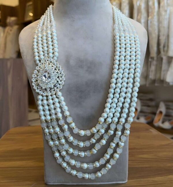 White Pearl Mala with Crystal Side Brooch