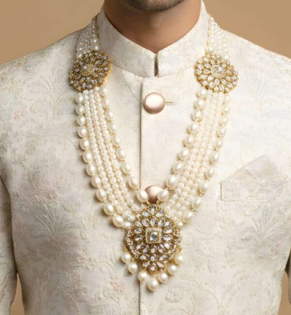 Pearl Mala with Double Side Brooch and Kundan Pendant