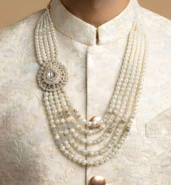 White Pearl Mala with Crystal Side Brooch