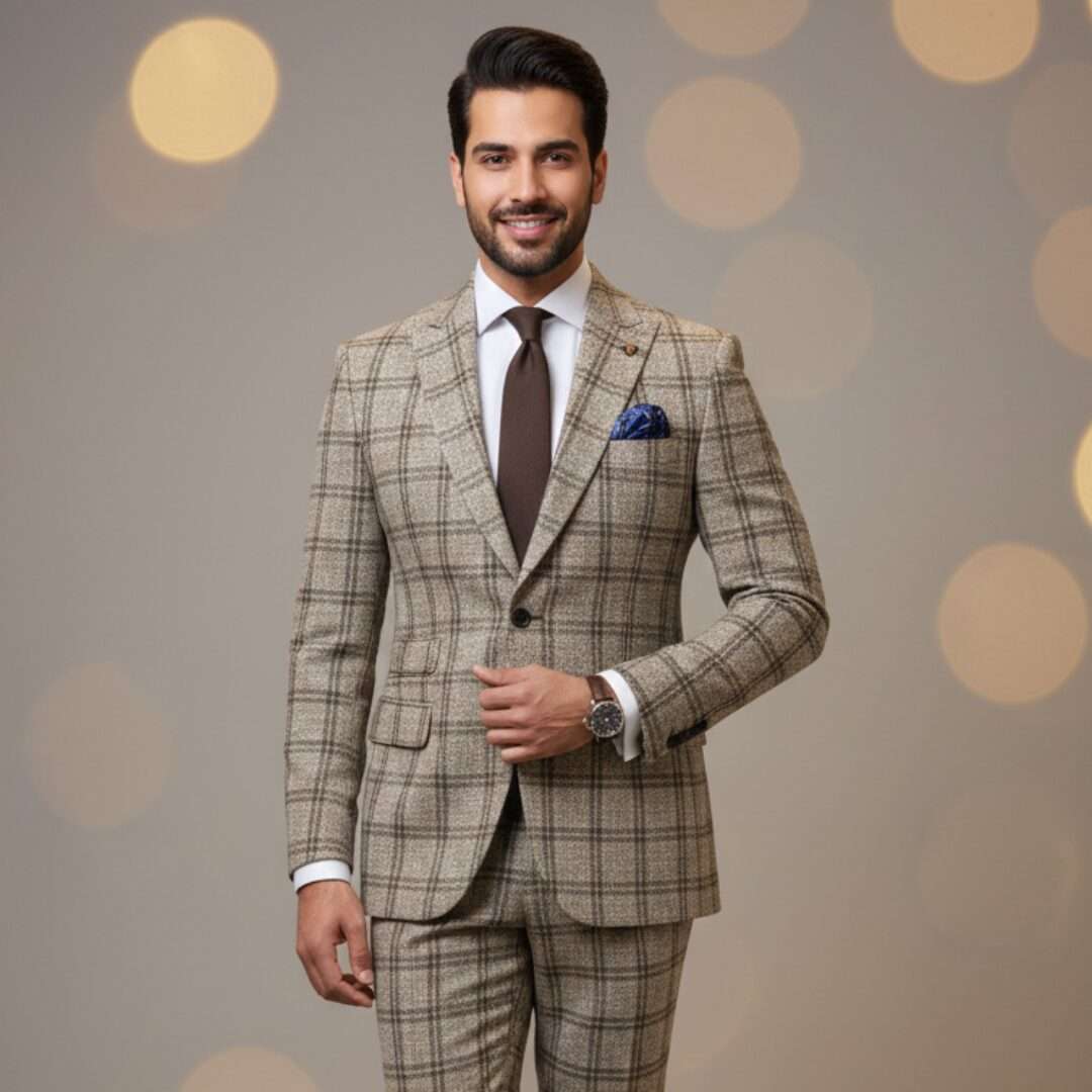 Vintage Elegance Beige Plaid Slim-Fit Executive Suit