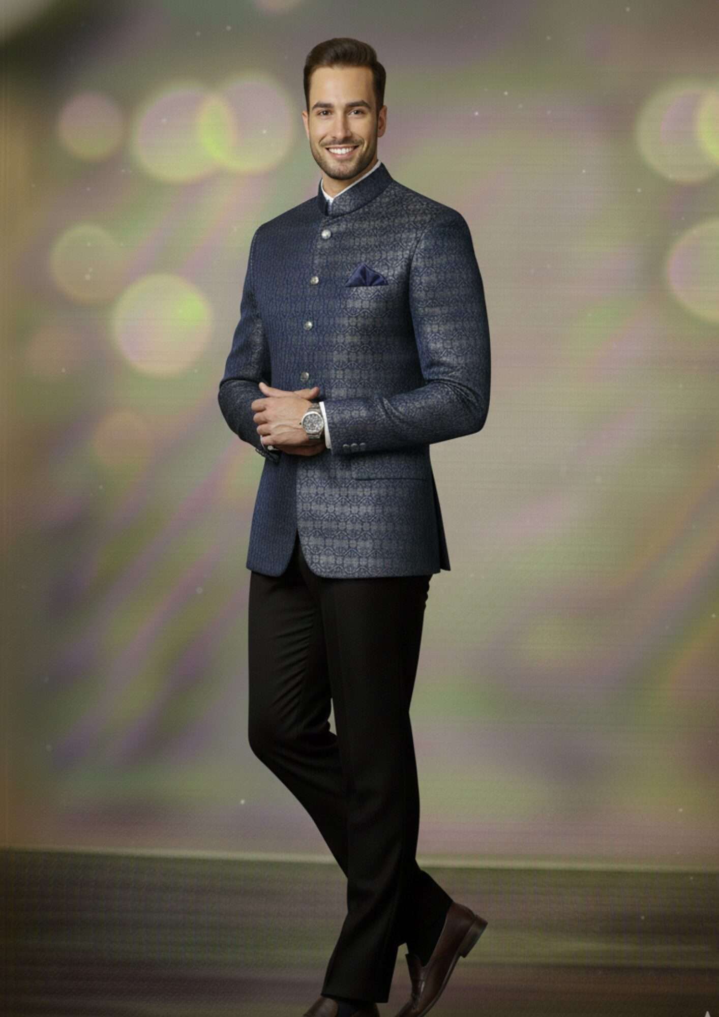 Imperial Navy Blue Jacquard Premium Designer Blazer - Image 2