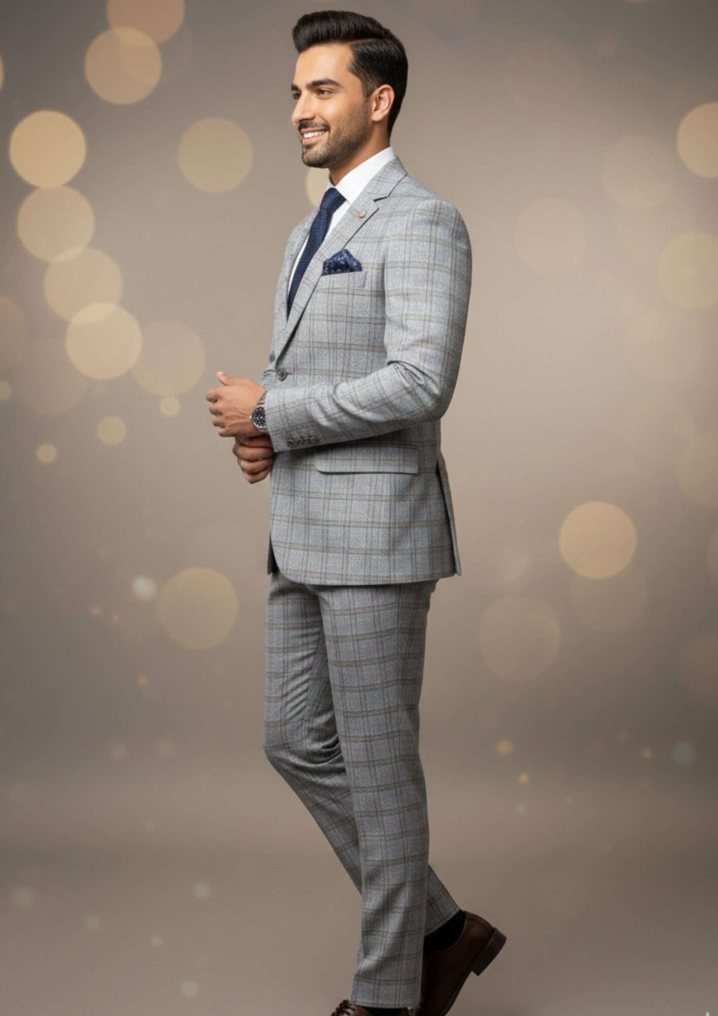 Sophisticated Light Grey Plaid Executive Suit - Image 4