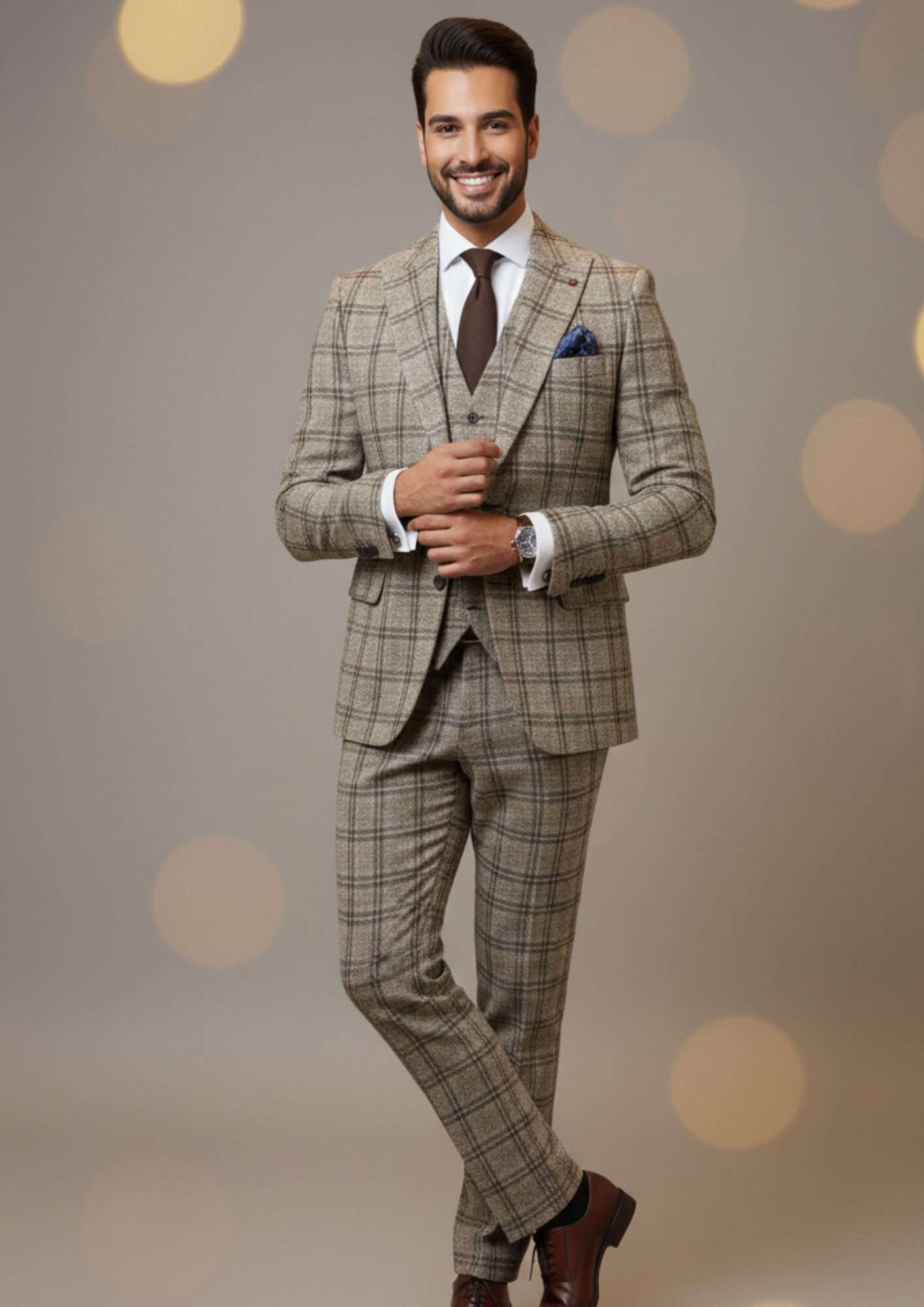 Vintage Elegance Beige Plaid Slim-Fit Executive Suit - Image 2