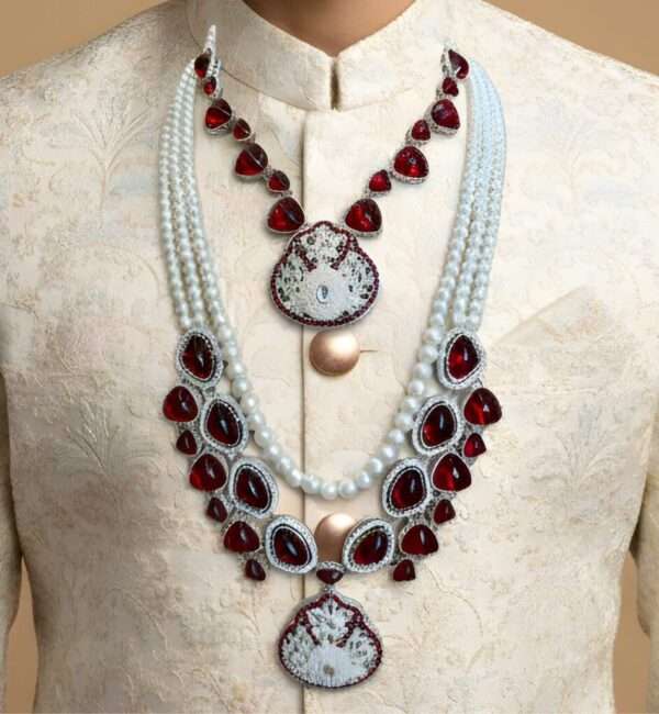 Layer Red Stone and Pearl Necklace Set