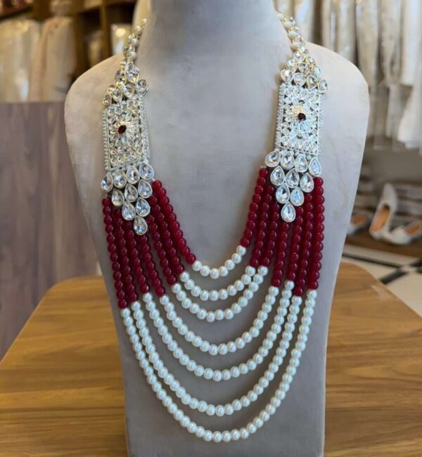 Pearl and Maroon Bead Mala with Intricate Silver Panels