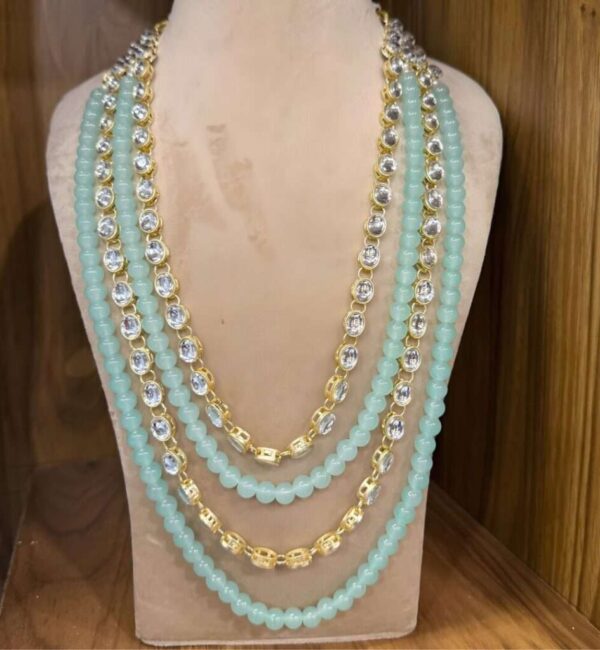 Mint Green Bead Mala with Gold-Finish Kundan Chain