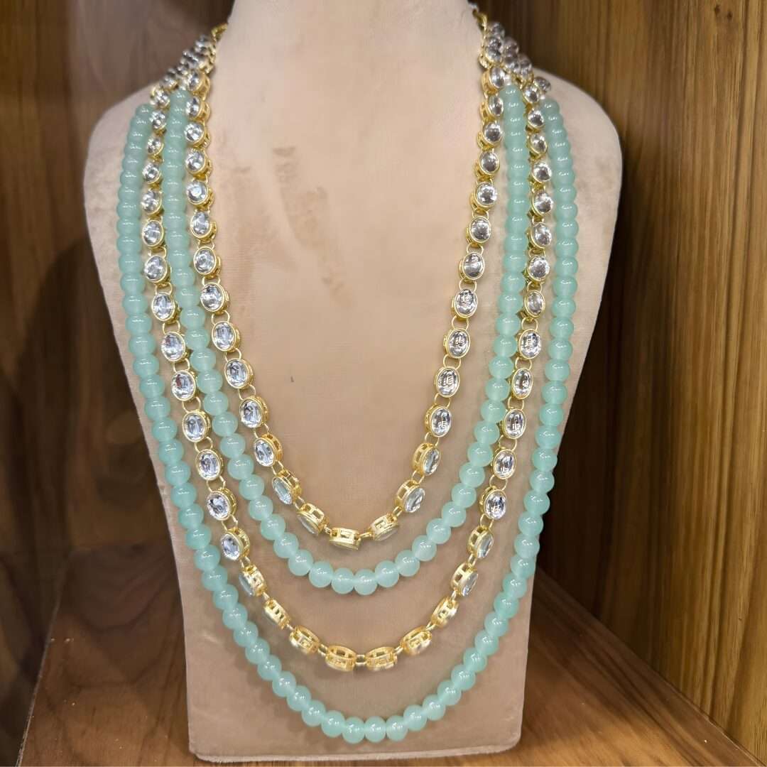 Mint Green Bead Mala with Gold-Finish Kundan Chain