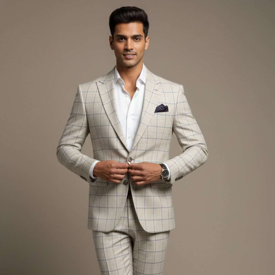 Imperial Cream Windowpane Checkered Luxury Suit