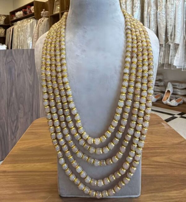 Peach Pearl Mala with Golden Floral Caps