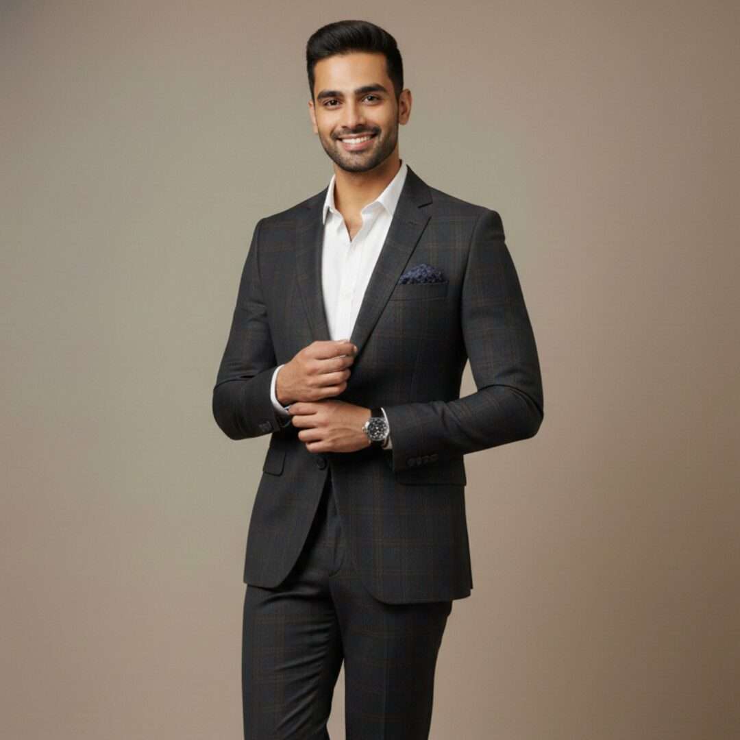 Elite Deep Charcoal Plaid Slim-Fit Formal Suit