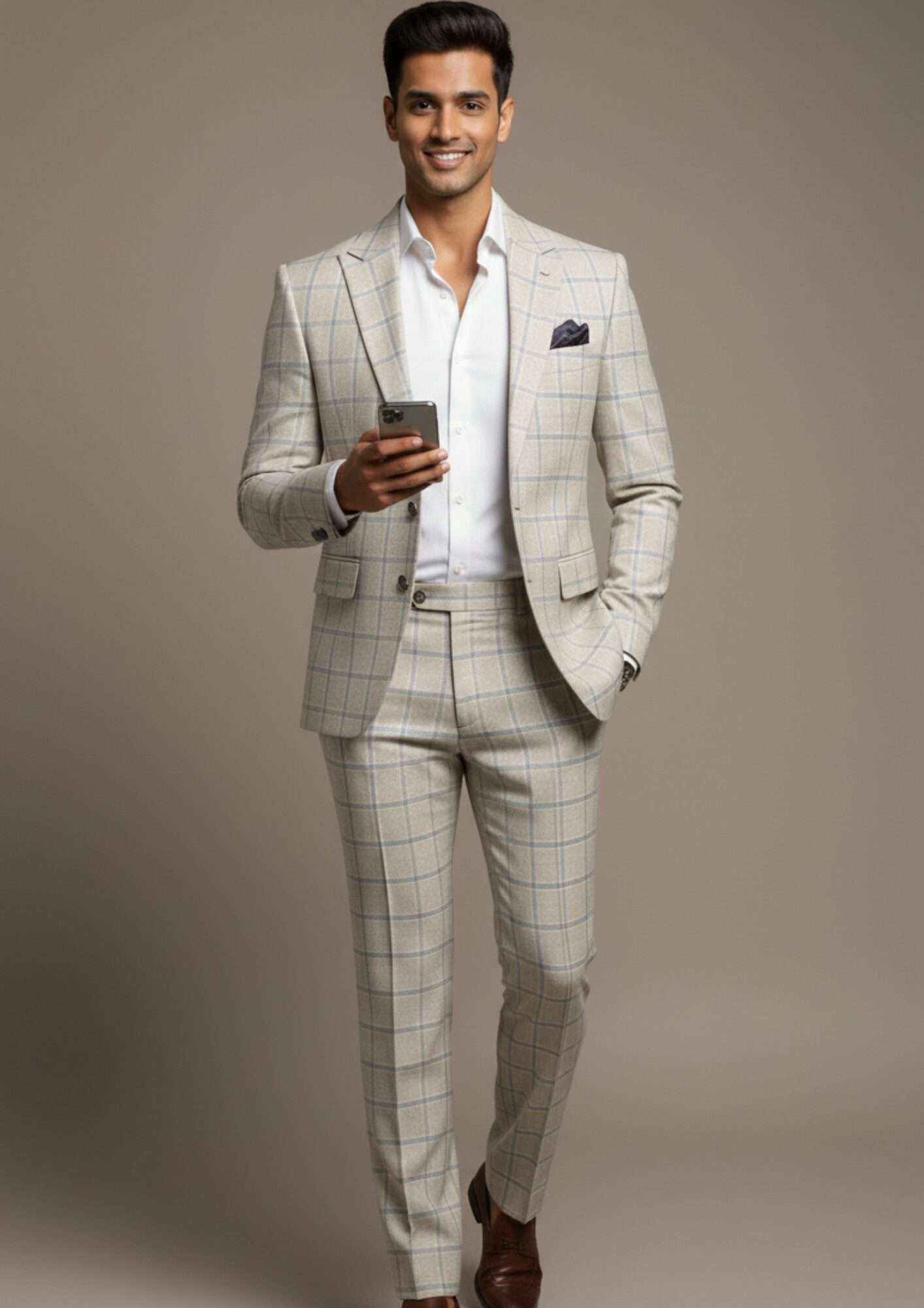 Imperial Cream Windowpane Checkered Luxury Suit - Image 4