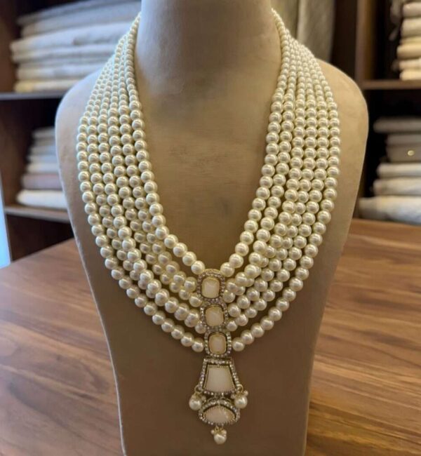 White Pearl Necklace with Stone Pendant