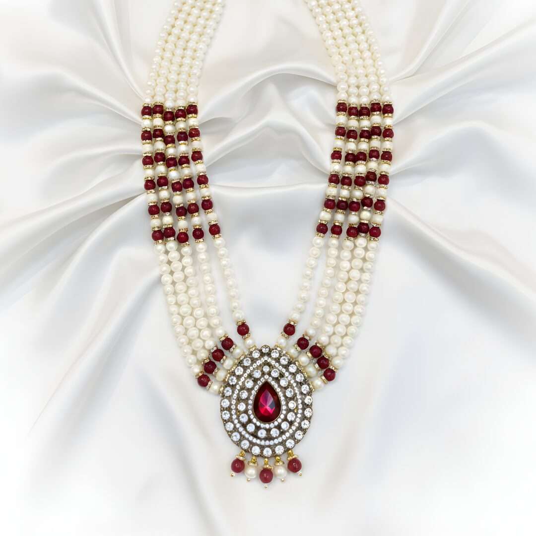 White Pearl and Maroon Stone Mala with Ruby Pendant - Image 3