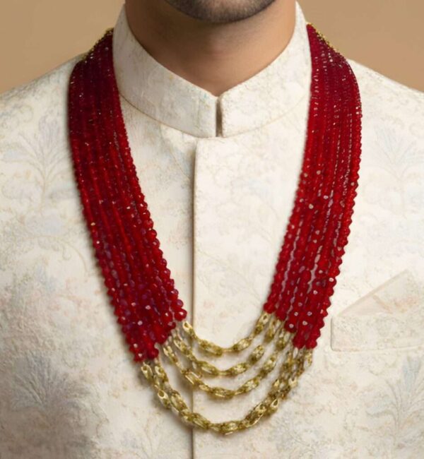 Red Crystal Bead Mala with Golden Chain Links