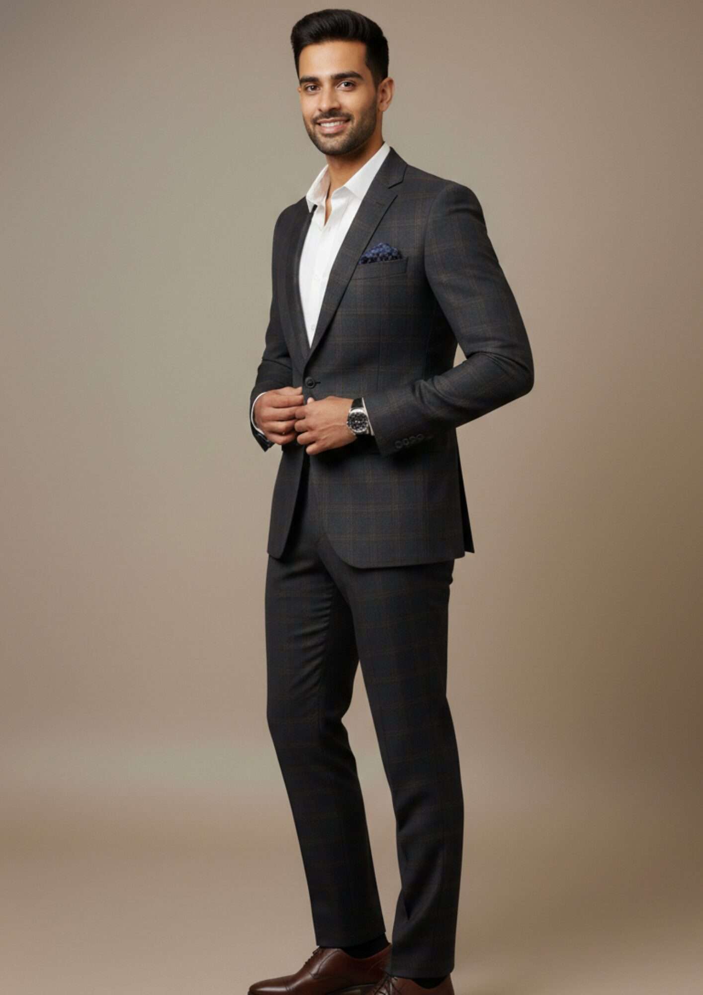 Elite Deep Charcoal Plaid Slim-Fit Formal Suit - Image 3
