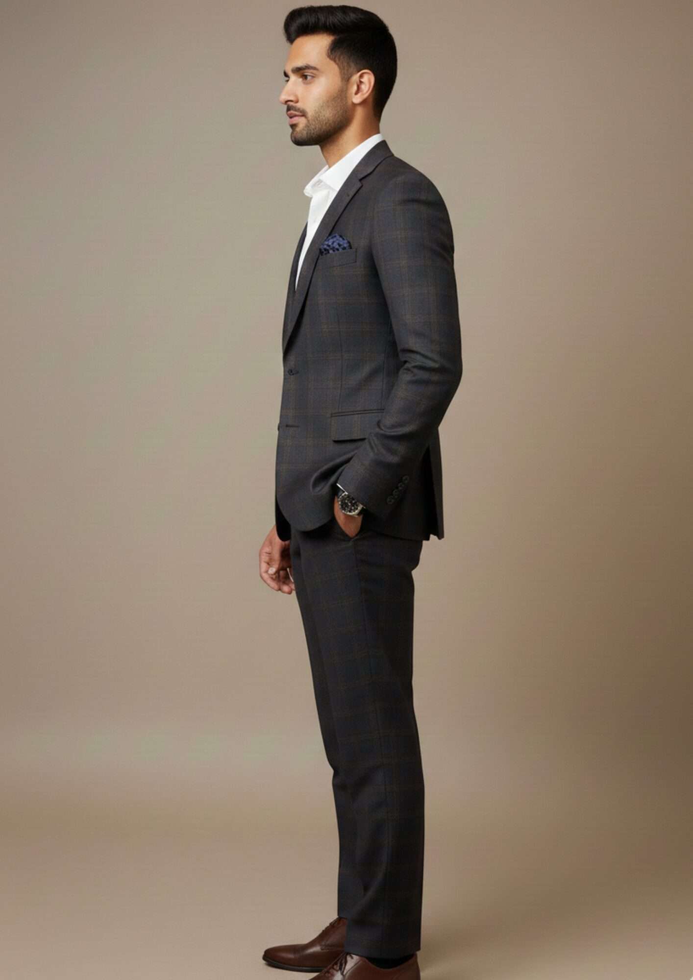 Elite Deep Charcoal Plaid Slim-Fit Formal Suit - Image 4