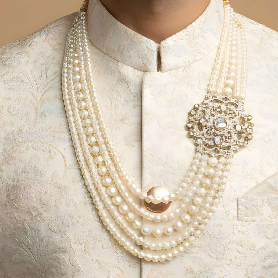 White Pearl Mala with Side Stone Brooch - Image 2