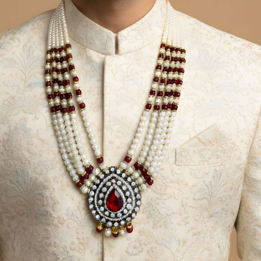 White Pearl and Maroon Stone Mala with Ruby Pendant - Image 2