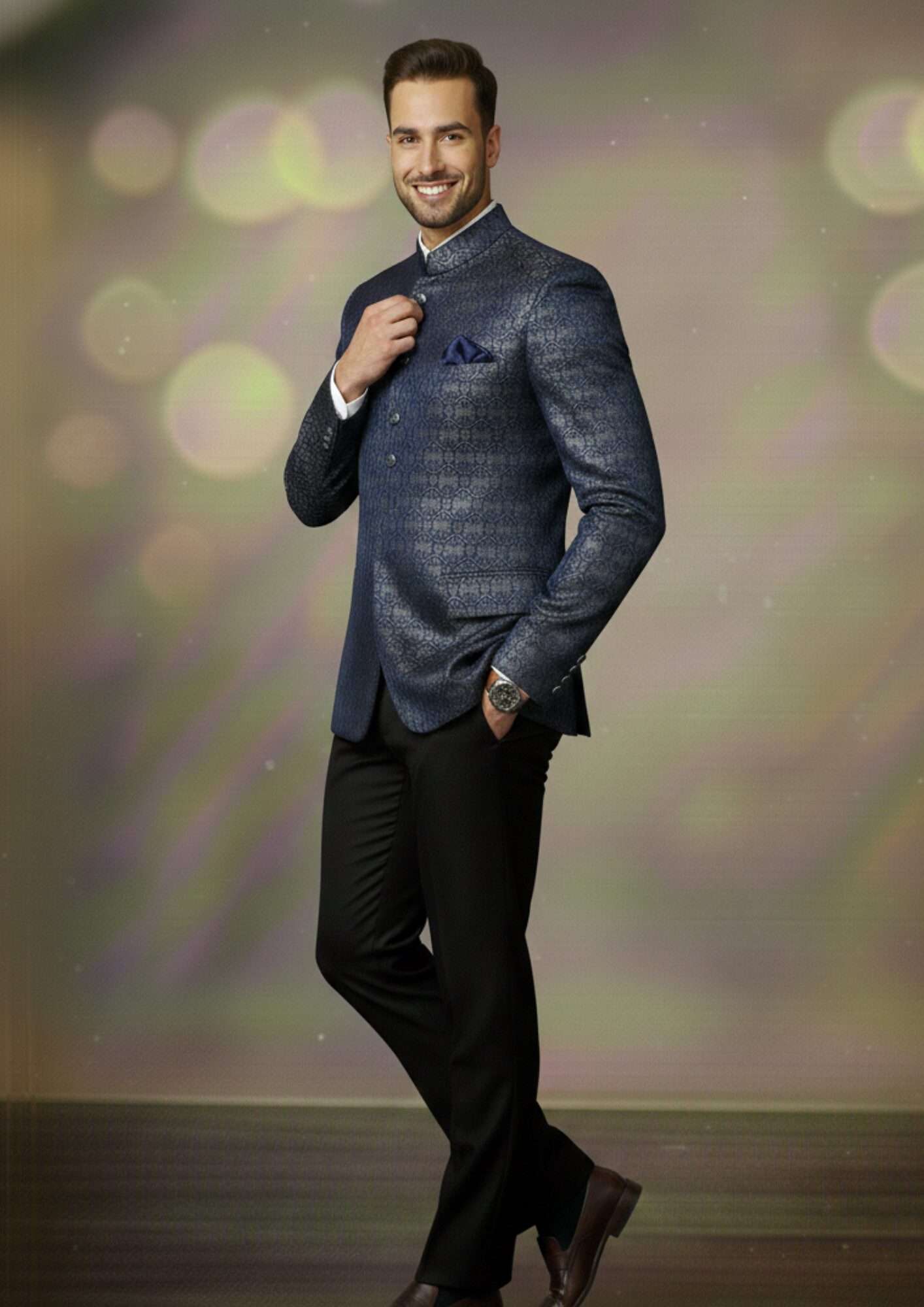Imperial Navy Blue Jacquard Premium Designer Blazer - Image 4