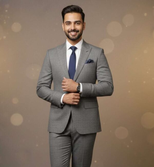 Premium Charcoal Grey Textured Slim-Fit Formal Suit
