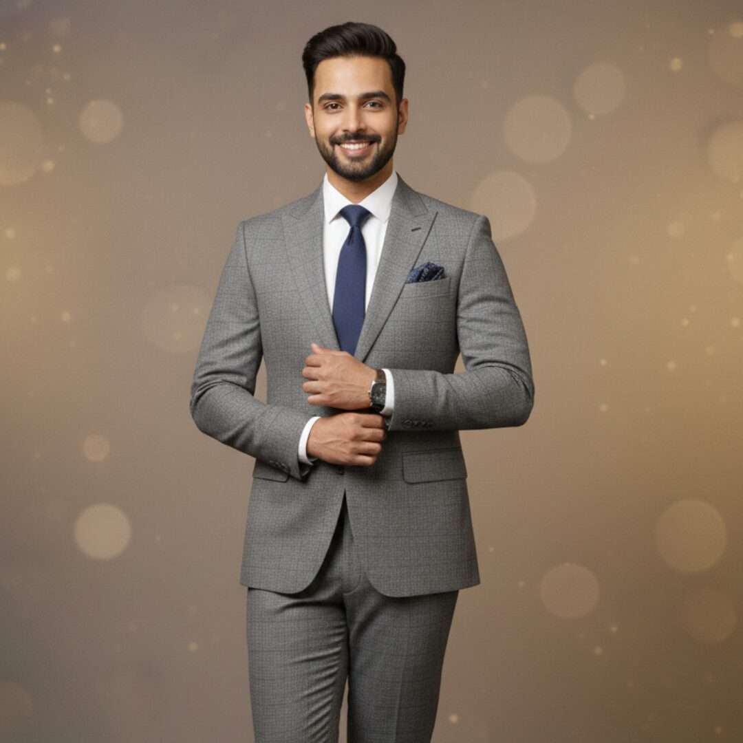 Premium Charcoal Grey Textured Slim-Fit Formal Suit
