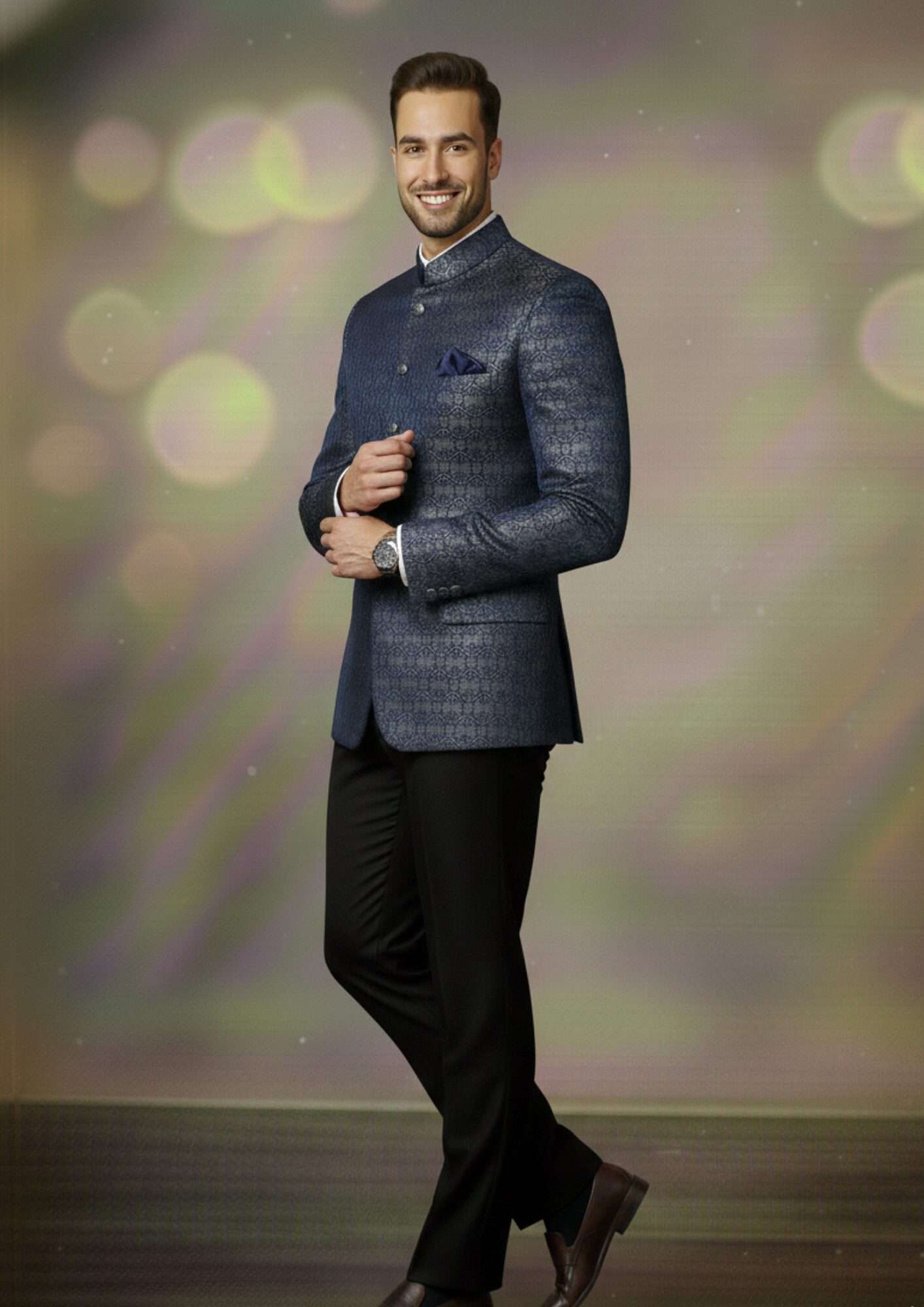 Imperial Navy Blue Jacquard Premium Designer Blazer - Image 3