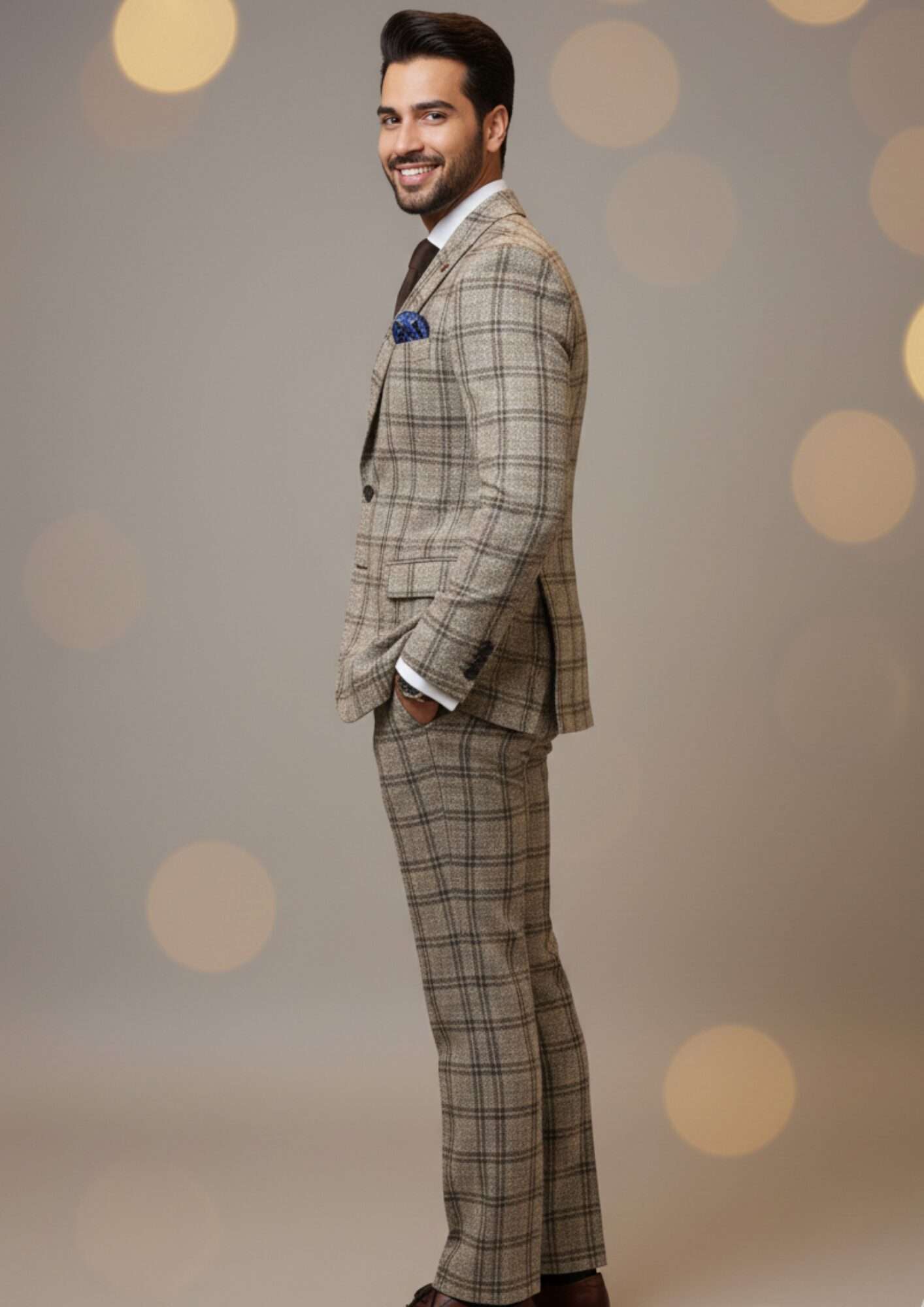 Vintage Elegance Beige Plaid Slim-Fit Executive Suit - Image 3