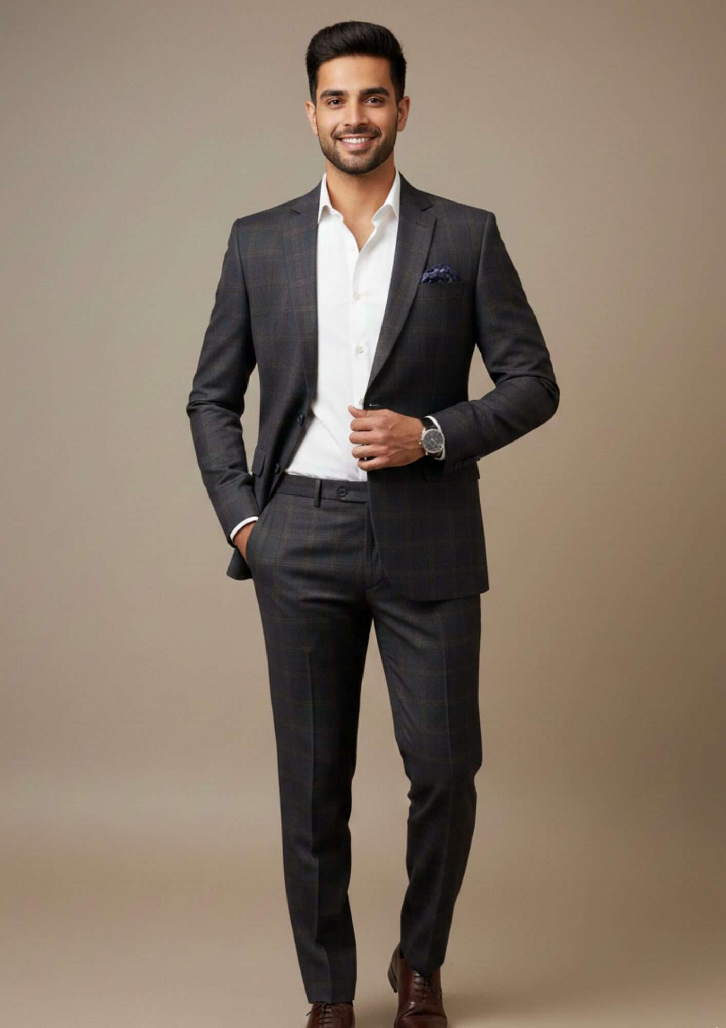 Elite Deep Charcoal Plaid Slim-Fit Formal Suit - Image 2