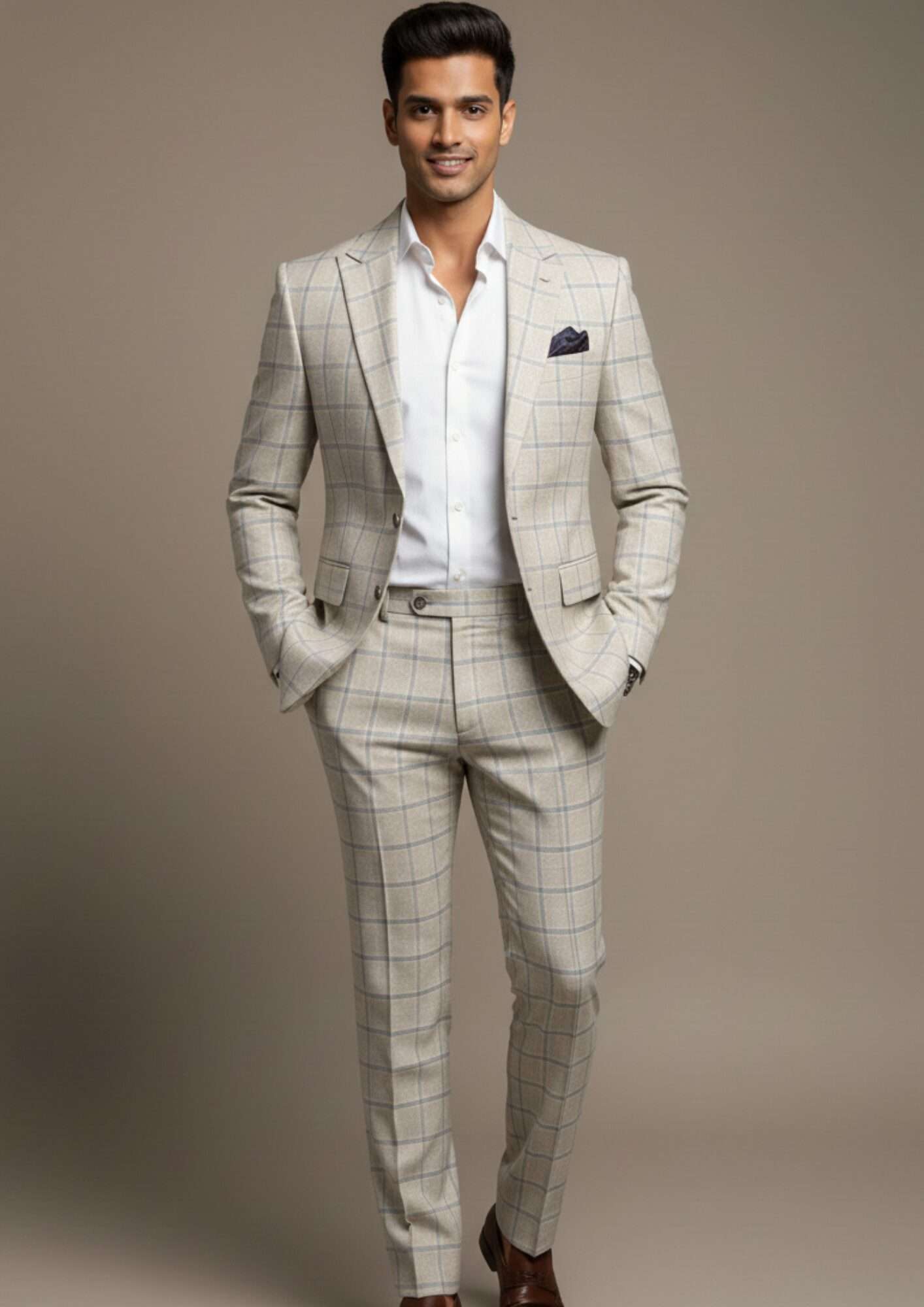Imperial Cream Windowpane Checkered Luxury Suit - Image 3